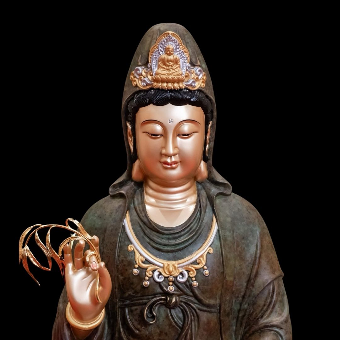 Bộ tượng Phật ta bà tam thánh đá xanh rêu cao cấp