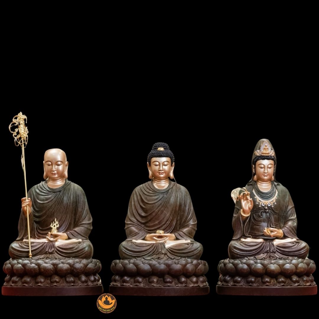 Bộ tượng Phật ta bà tam thánh đá xanh rêu cao cấp