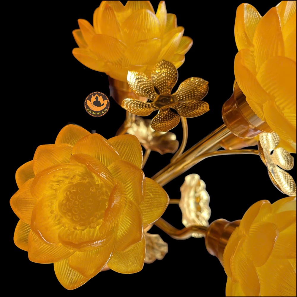 Đèn 5 bông sen lưu ly ( nhỏ ) thân hổ phách