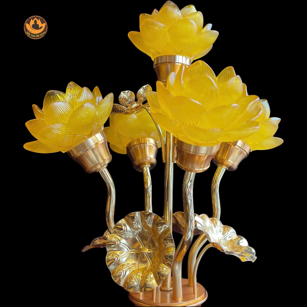 Đèn 5 bông sen lưu ly ( nhỏ ) thân hổ phách