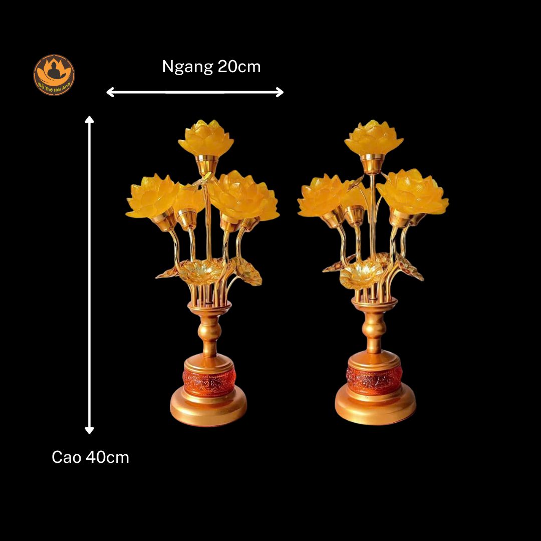 Đèn 5 bông sen lưu ly ( nhỏ ) thân hổ phách