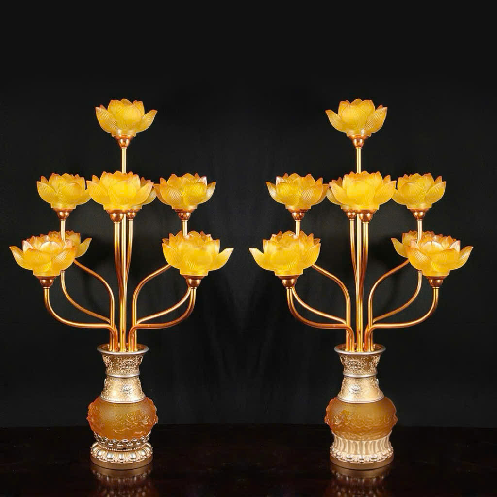 Đèn Bình Hoa Lưu Ly 9 Bông Cao Cấp – Bừng Sáng Vượng Khí, Tôn Nghiêm Không Gian Thờ Cúng