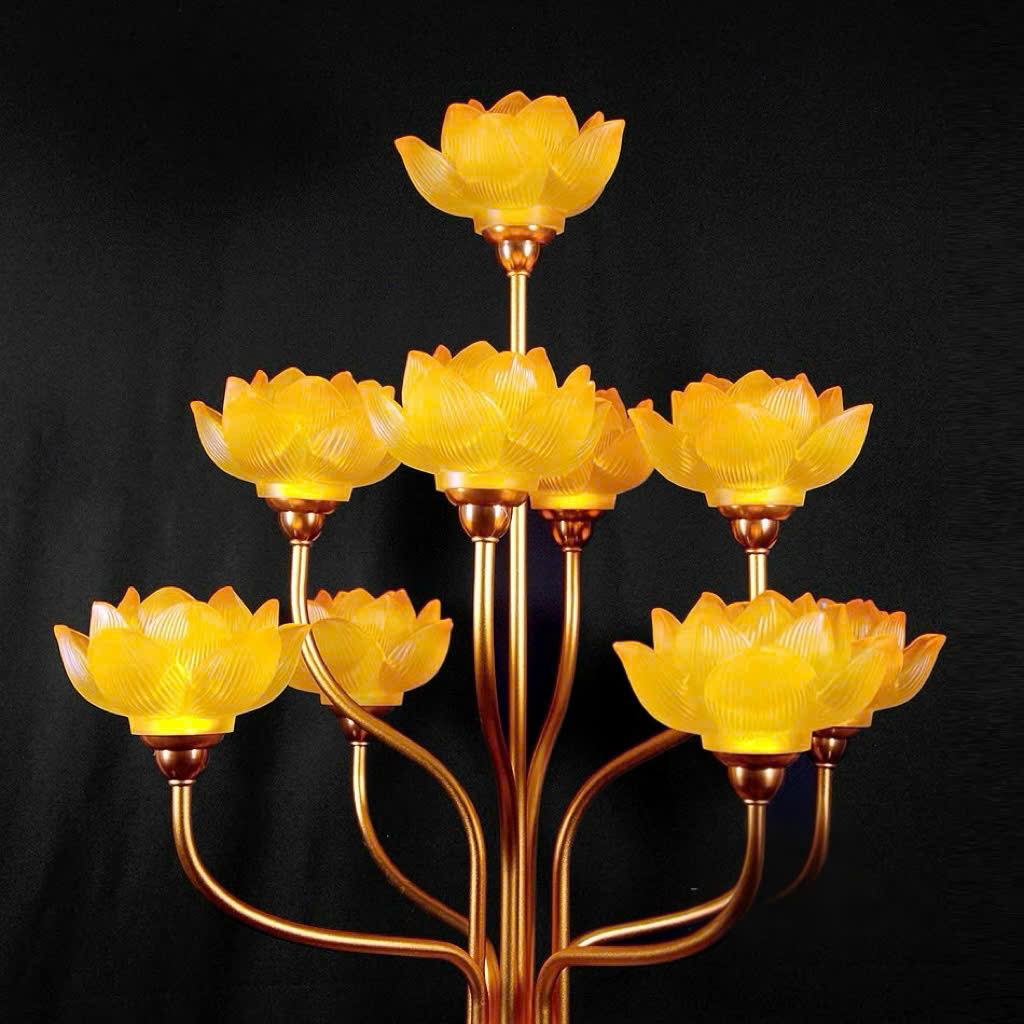 Đèn Bình Hoa Lưu Ly 9 Bông Cao Cấp – Bừng Sáng Vượng Khí, Tôn Nghiêm Không Gian Thờ Cúng