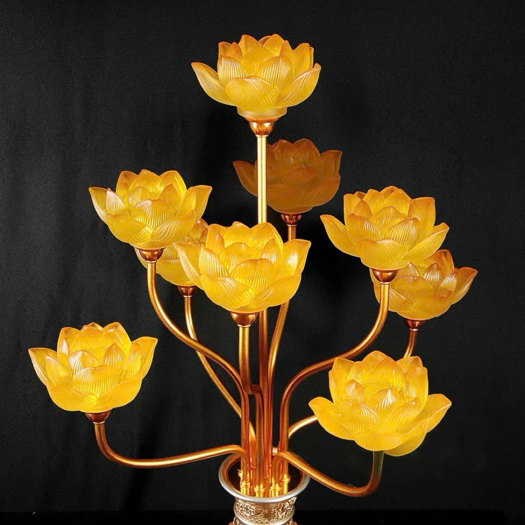 Đèn Bình Hoa Lưu Ly 9 Bông Cao Cấp – Bừng Sáng Vượng Khí, Tôn Nghiêm Không Gian Thờ Cúng