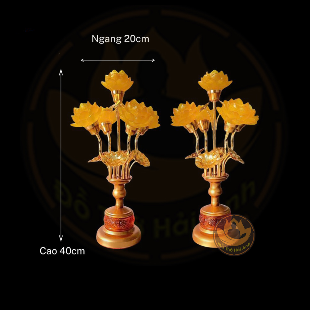 Đèn 5 bông sen lưu ly ( nhỏ ) thân hổ phách