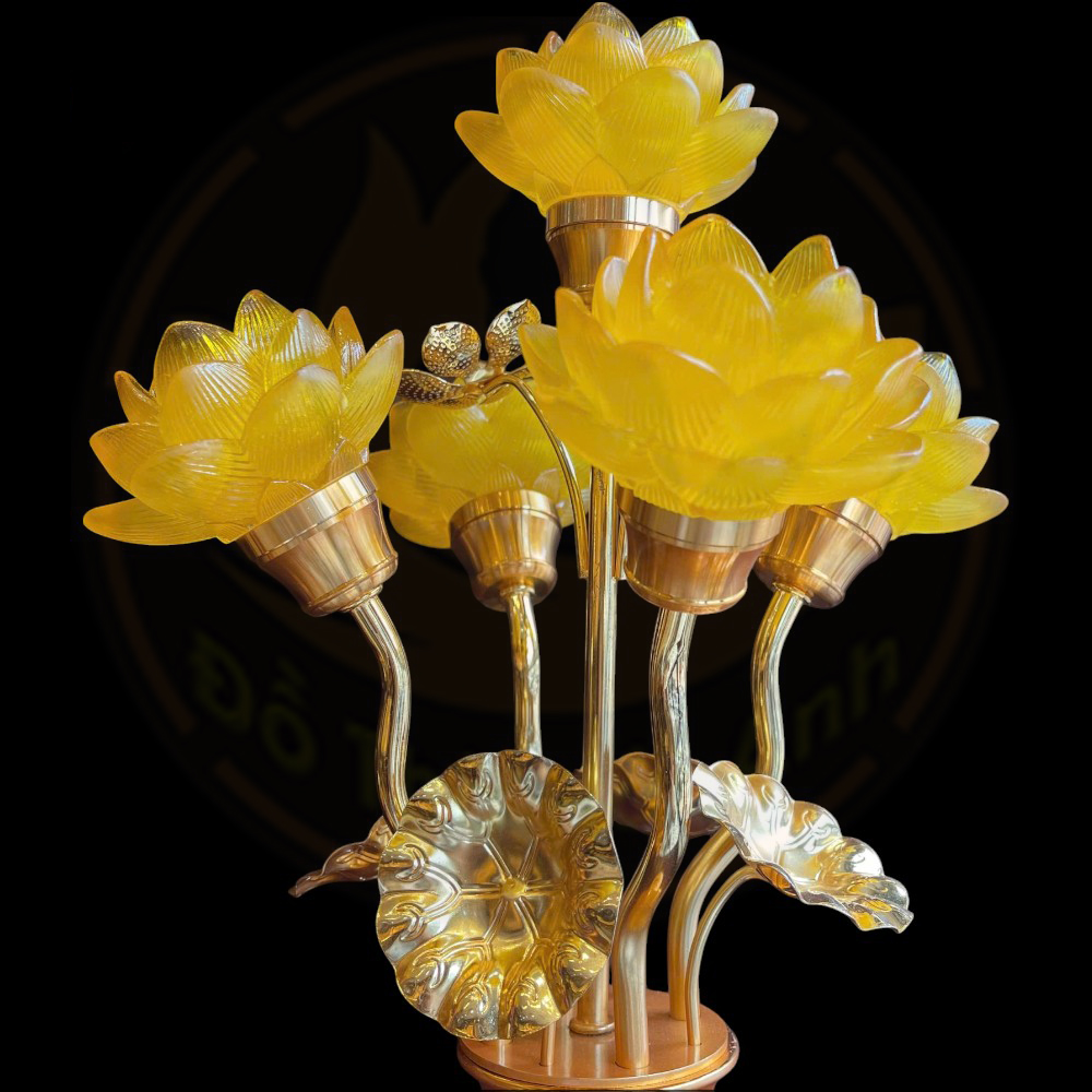 Đèn 5 bông sen lưu ly ( nhỏ ) thân hổ phách