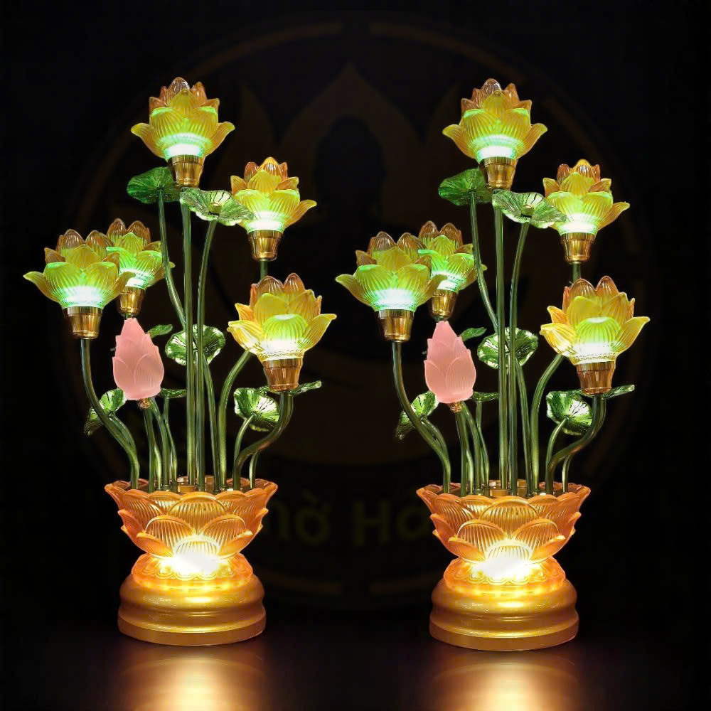 Đèn Chậu Sen Lưu Ly 5 Bông Ngũ Sắc Cao Cấp