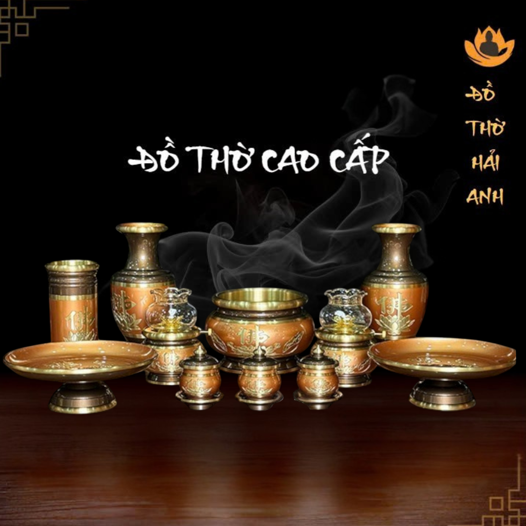 Bộ Đồ Thờ Đồng Đỏ Nâu Chữ Phật Cao Cấp