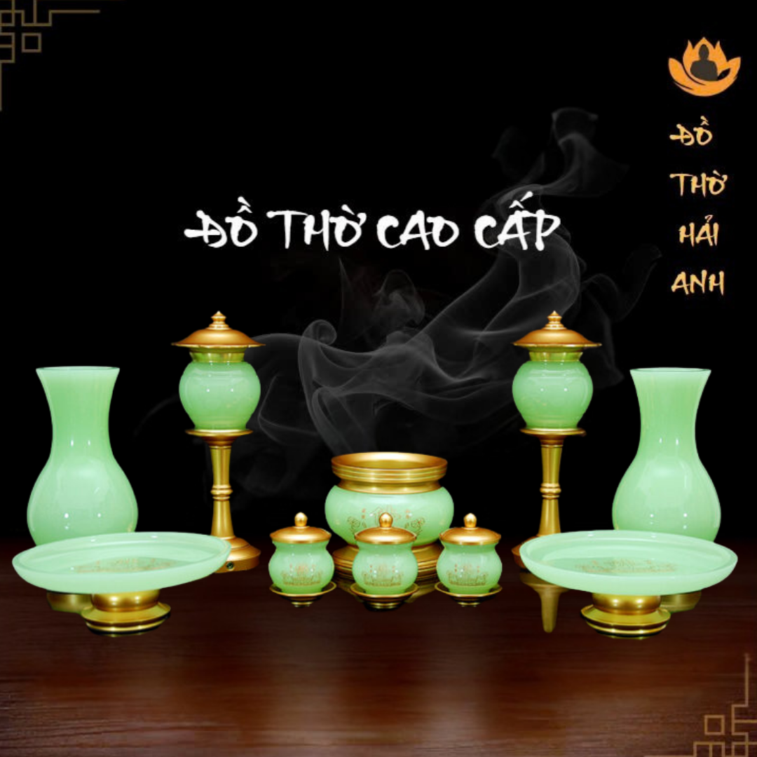 Bộ đồ thờ đá xanh ngọc tâm kinh hoa sen