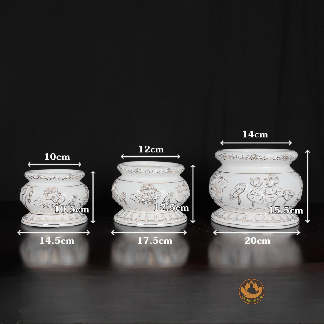 Bát Hương Sứ Trắng Hoa Sen Nổi Viền Vàng