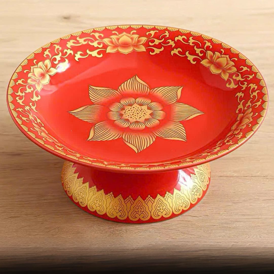 Mâm Bồng Sứ Gấm Đỏ – Đồ Thờ Cúng Sang Trọng & Phong Thủy May Mắn