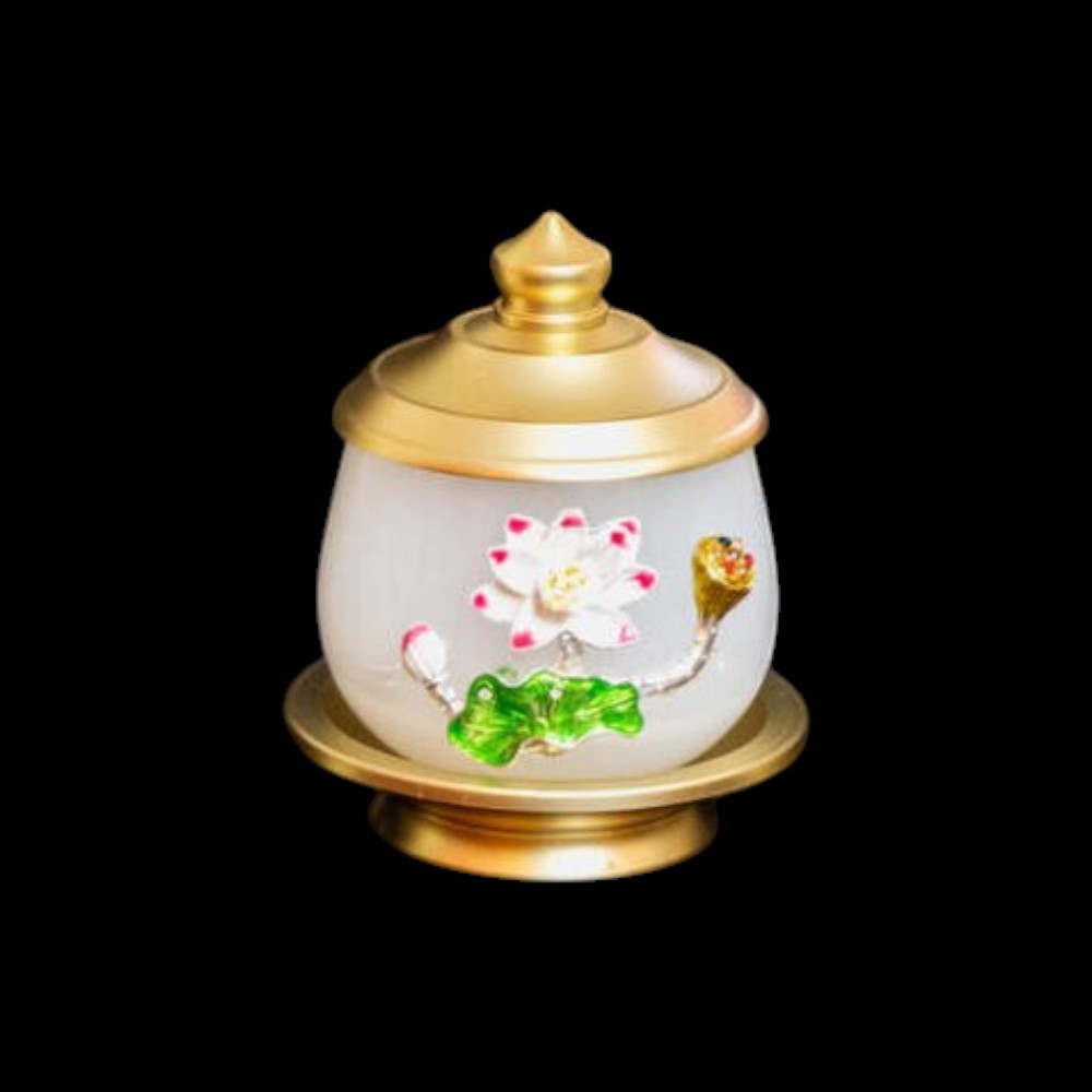 Trọn bộ đồ thờ ngọc viền đồng hoa sen  trắng
