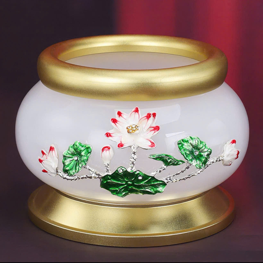 Bát hương ngọc viền đồng hoa sen trắng