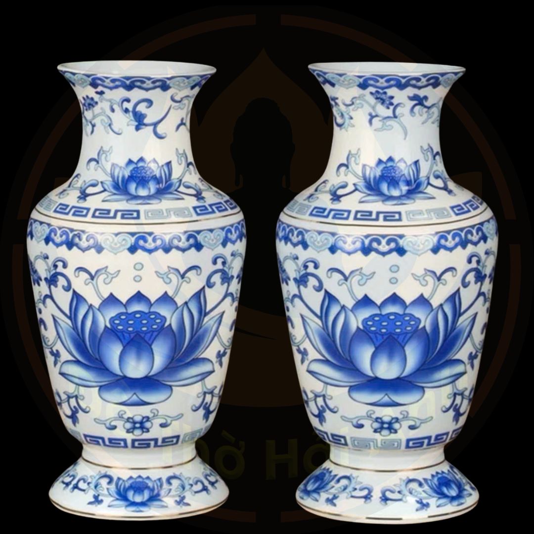 Lọ Hoa Sứ Sen Nổi Trắng Xanh Cao Cấp