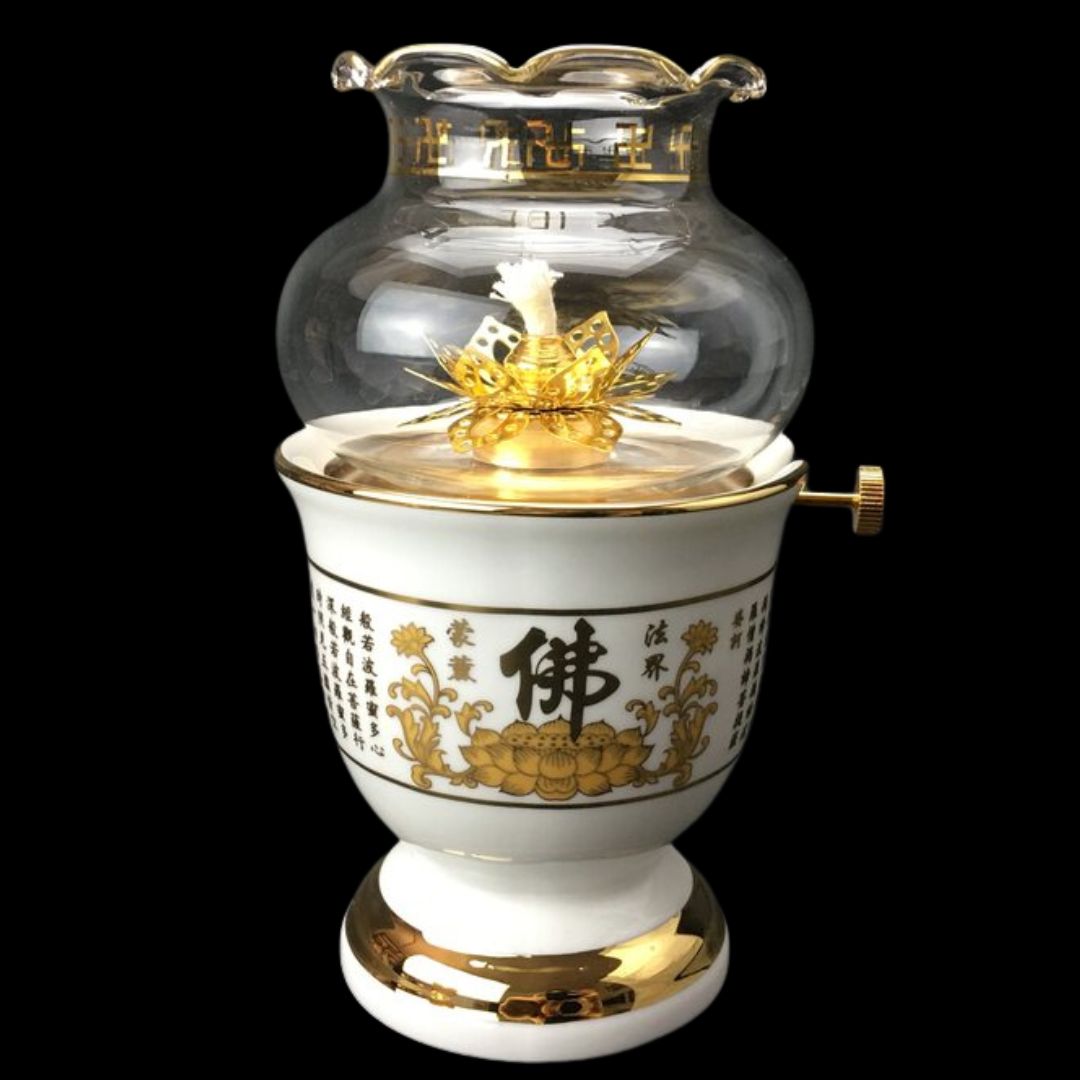 Đèn Dầu Tâm Kinh Trắng Chữ Phật