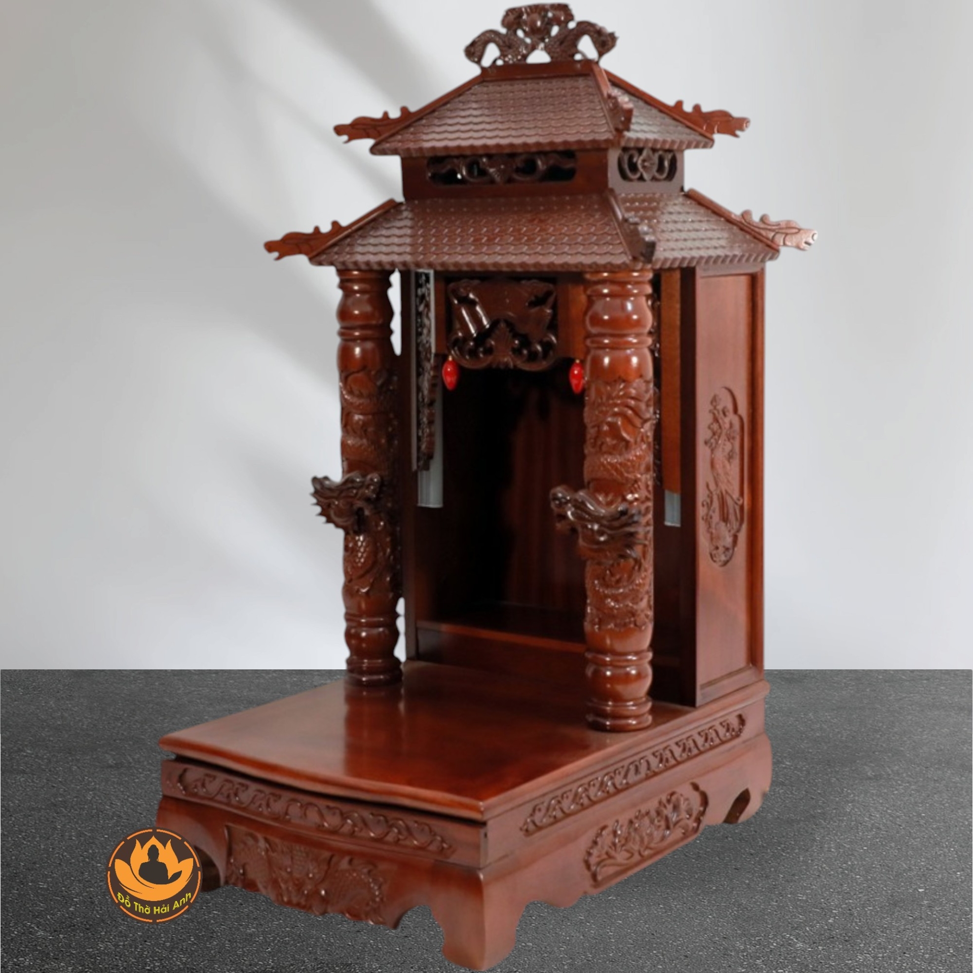 Bàn Thờ Ông Thần Tài Thổ Địa Cổ Tự Song Long 8 Mái, Gỗ Lát Sapelli Màu Cánh Gián