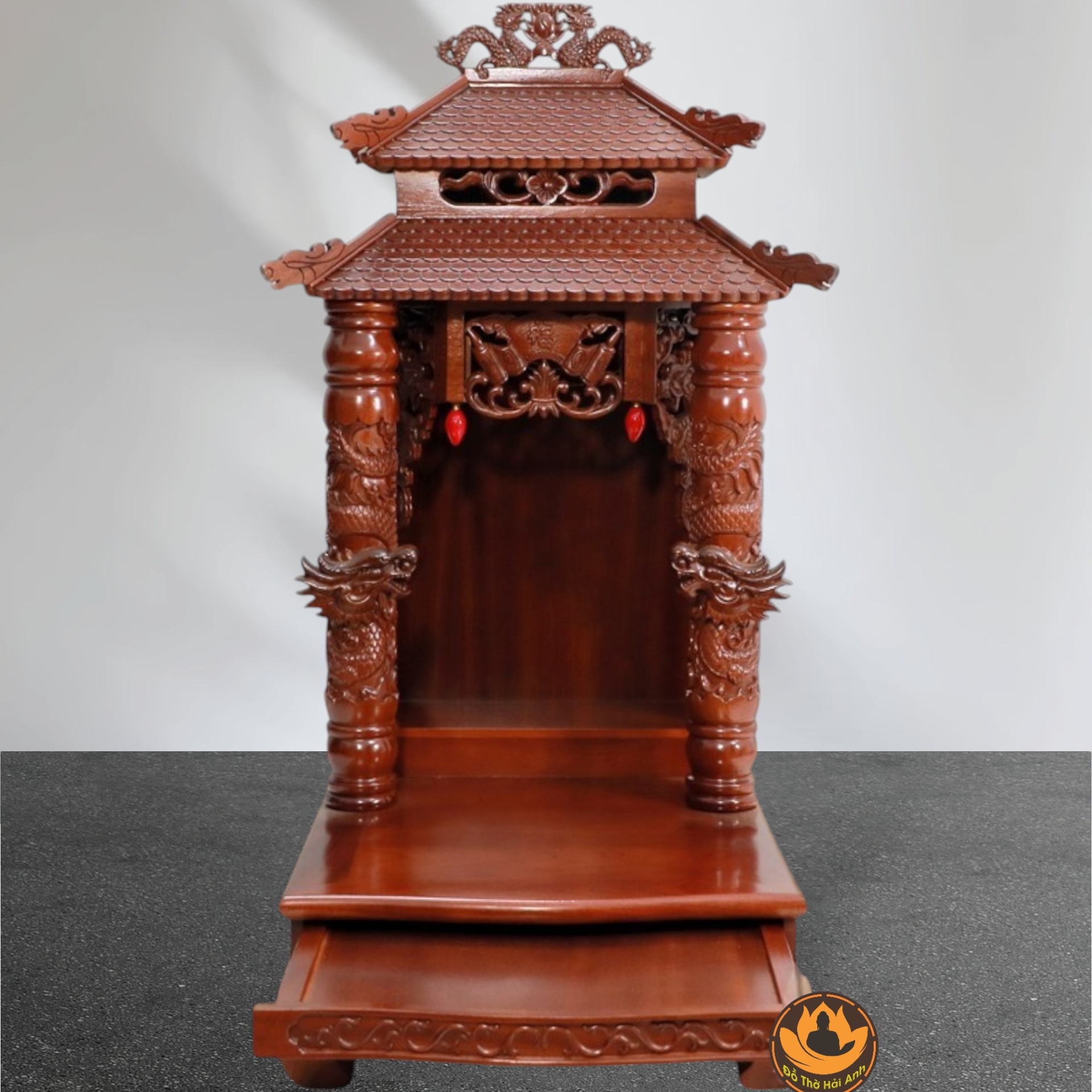 Bàn Thờ Ông Thần Tài Thổ Địa Cổ Tự Song Long 8 Mái, Gỗ Lát Sapelli Màu Cánh Gián