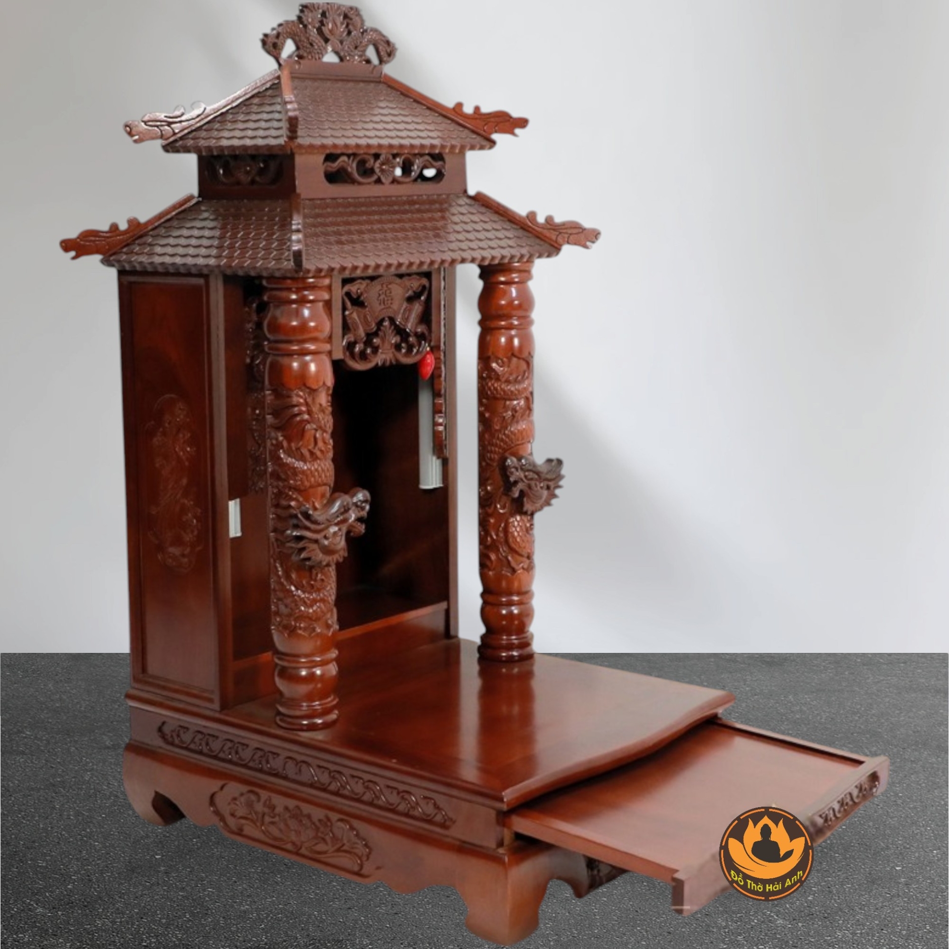 Bàn Thờ Ông Thần Tài Thổ Địa Cổ Tự Song Long 8 Mái, Gỗ Lát Sapelli Màu Cánh Gián