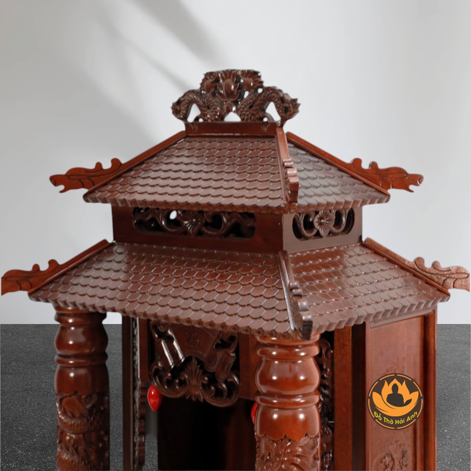 Bàn Thờ Ông Thần Tài Thổ Địa Cổ Tự Song Long 8 Mái, Gỗ Lát Sapelli Màu Cánh Gián