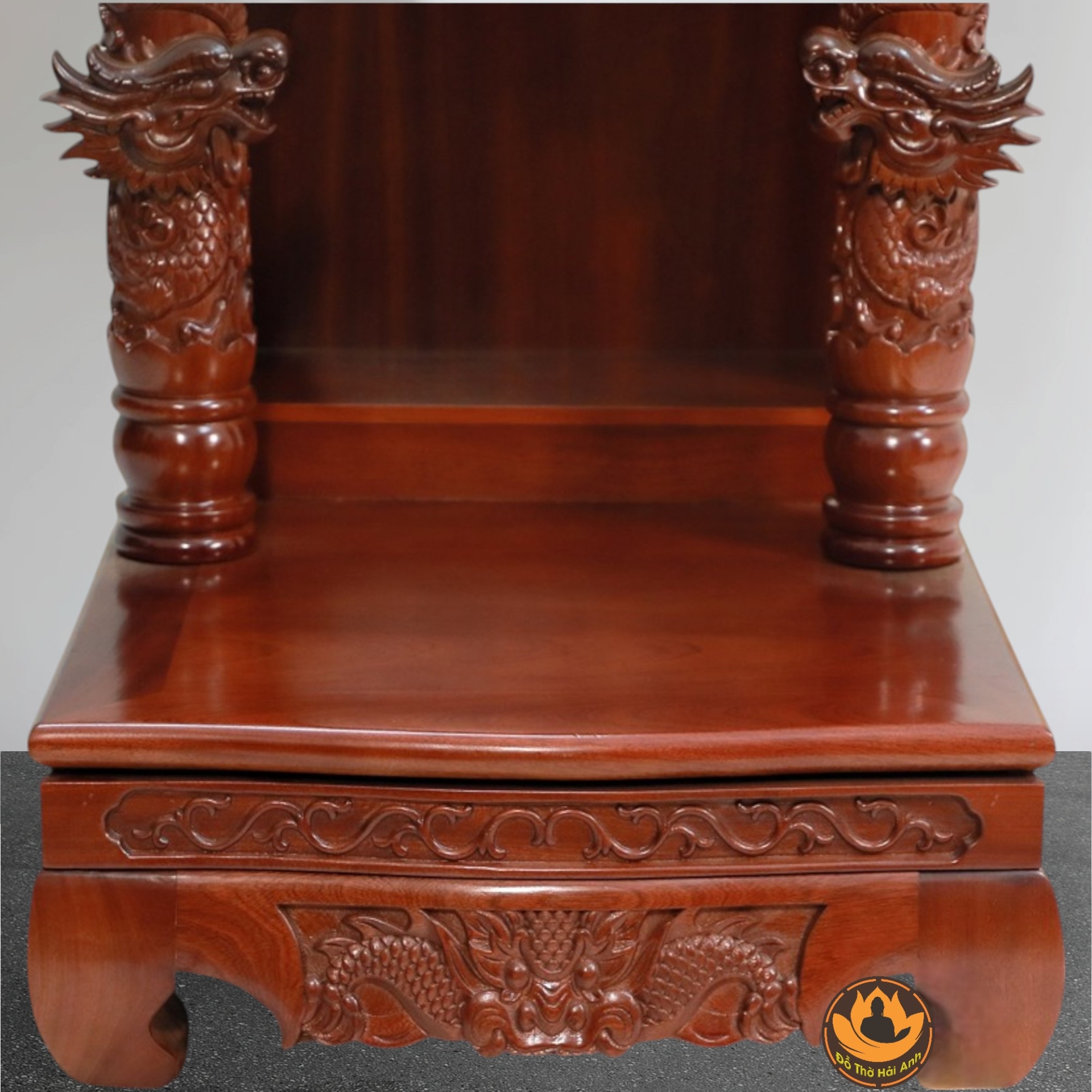 Bàn Thờ Ông Thần Tài Thổ Địa Cổ Tự Song Long 8 Mái, Gỗ Lát Sapelli Màu Cánh Gián