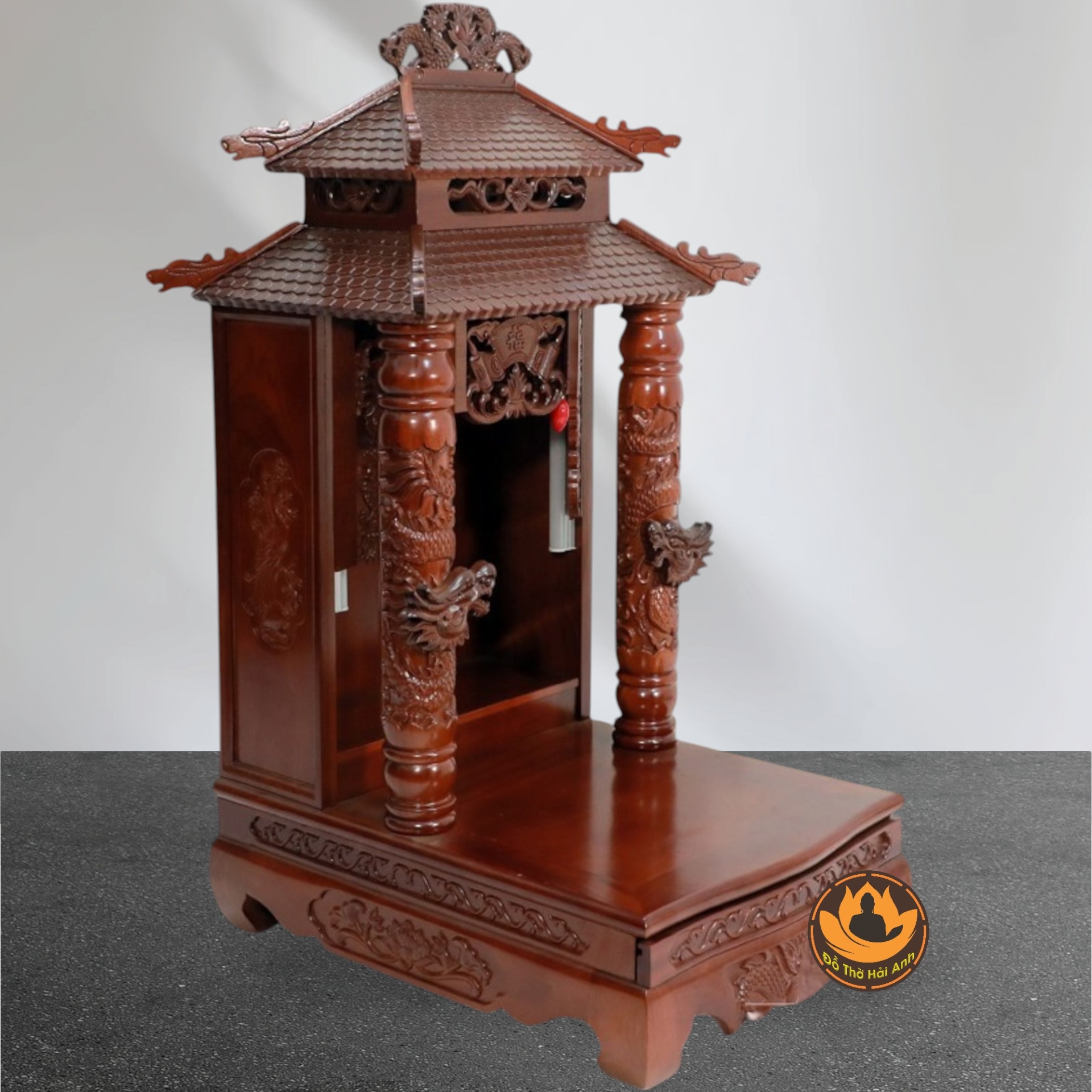 Bàn Thờ Ông Thần Tài Thổ Địa Cổ Tự Song Long 8 Mái, Gỗ Lát Sapelli Màu Cánh Gián