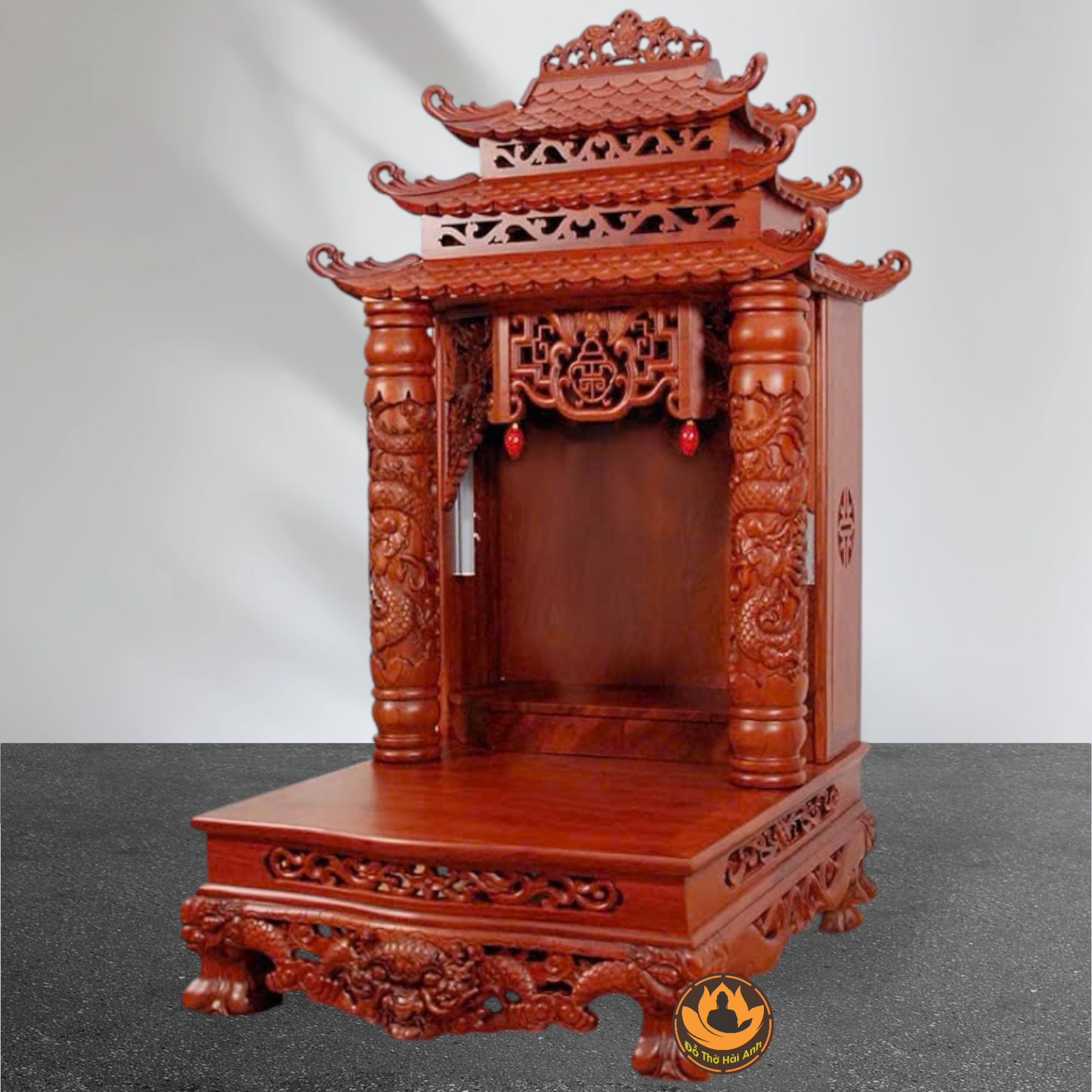 Ban Thờ Thần Tài Thổ Địa Song Long Cổ Tự 12 Mái , Gỗ Hương Màu Cánh Gián