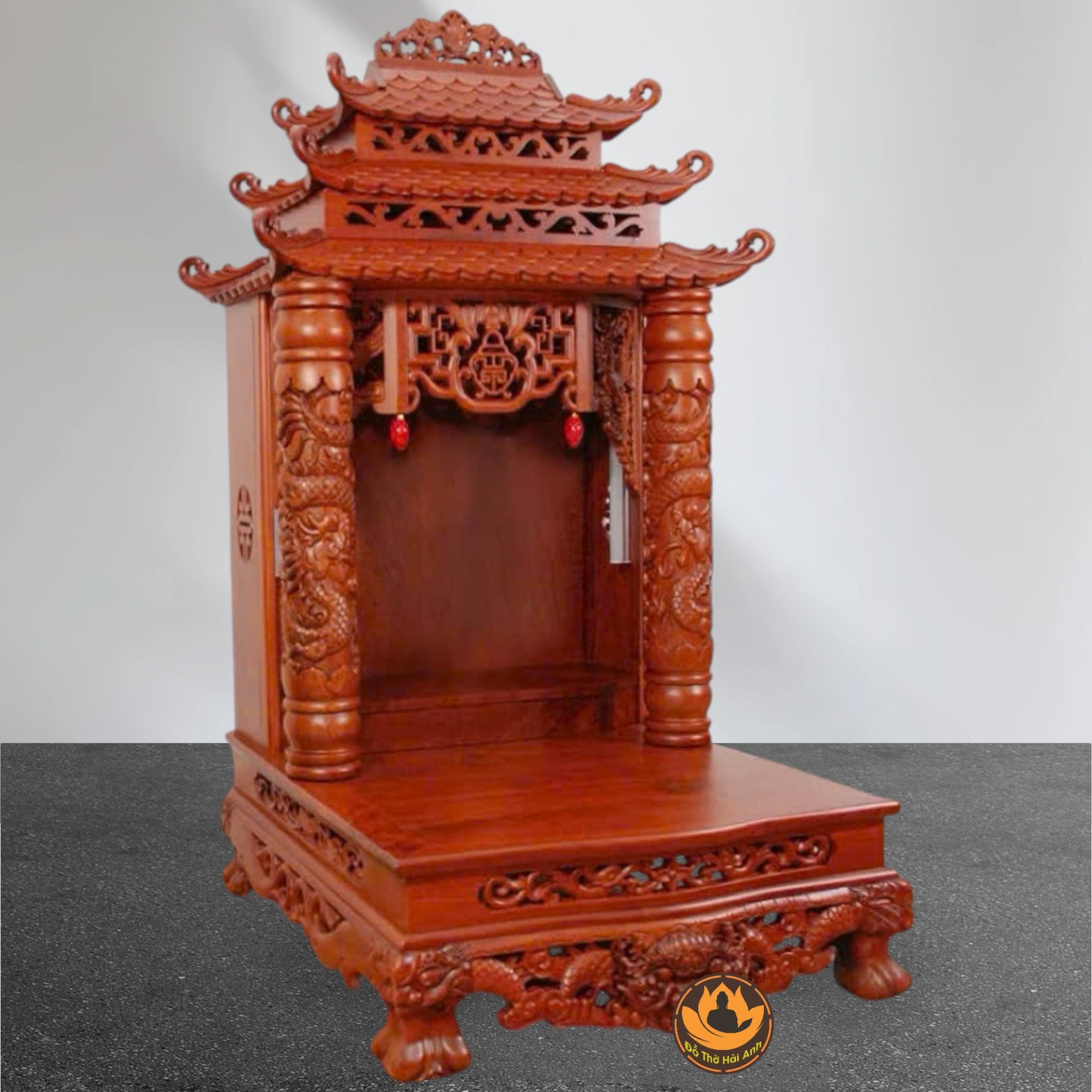 Ban Thờ Thần Tài Thổ Địa Song Long Cổ Tự 12 Mái , Gỗ Hương Màu Cánh Gián