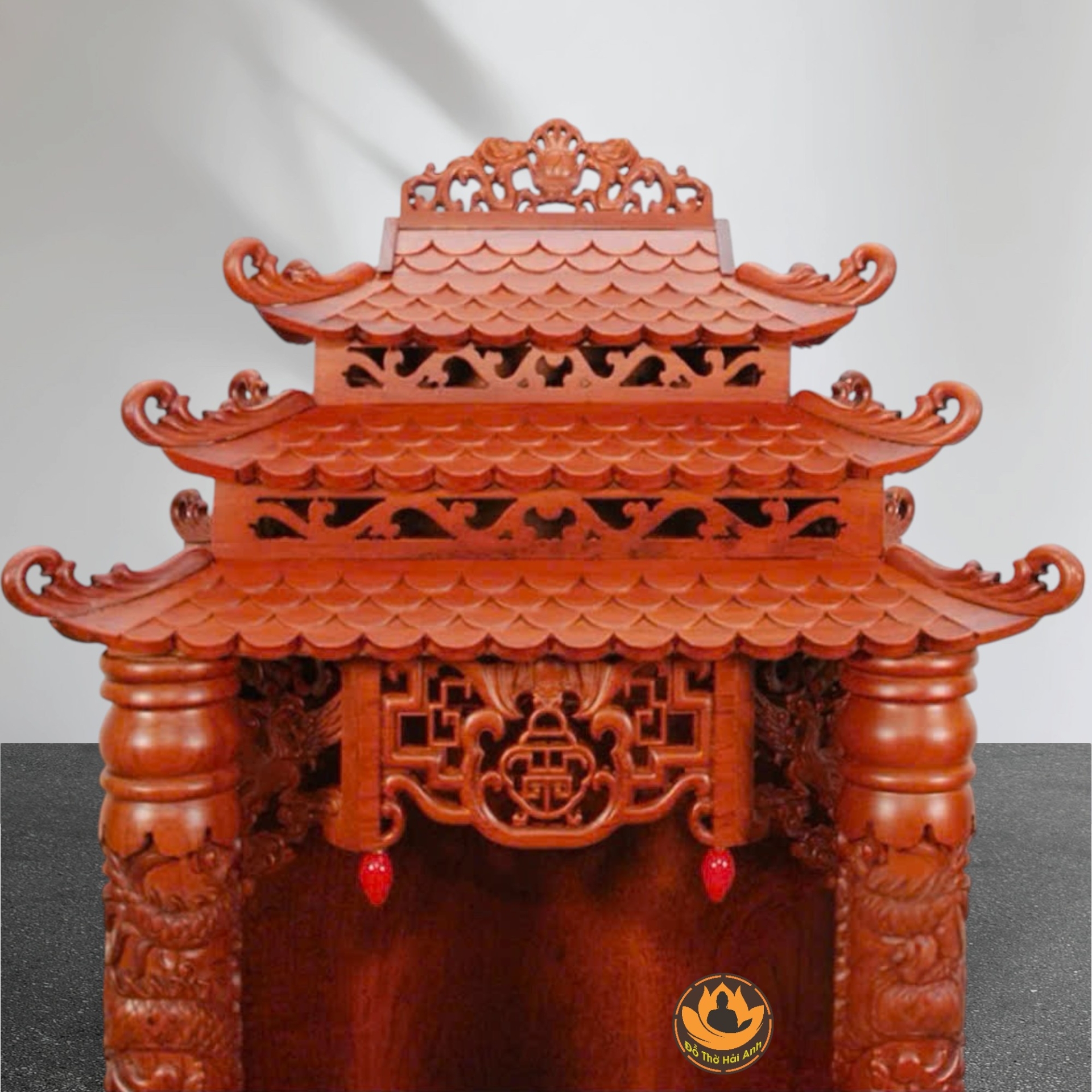 Ban Thờ Thần Tài Thổ Địa Song Long Cổ Tự 12 Mái , Gỗ Hương Màu Cánh Gián