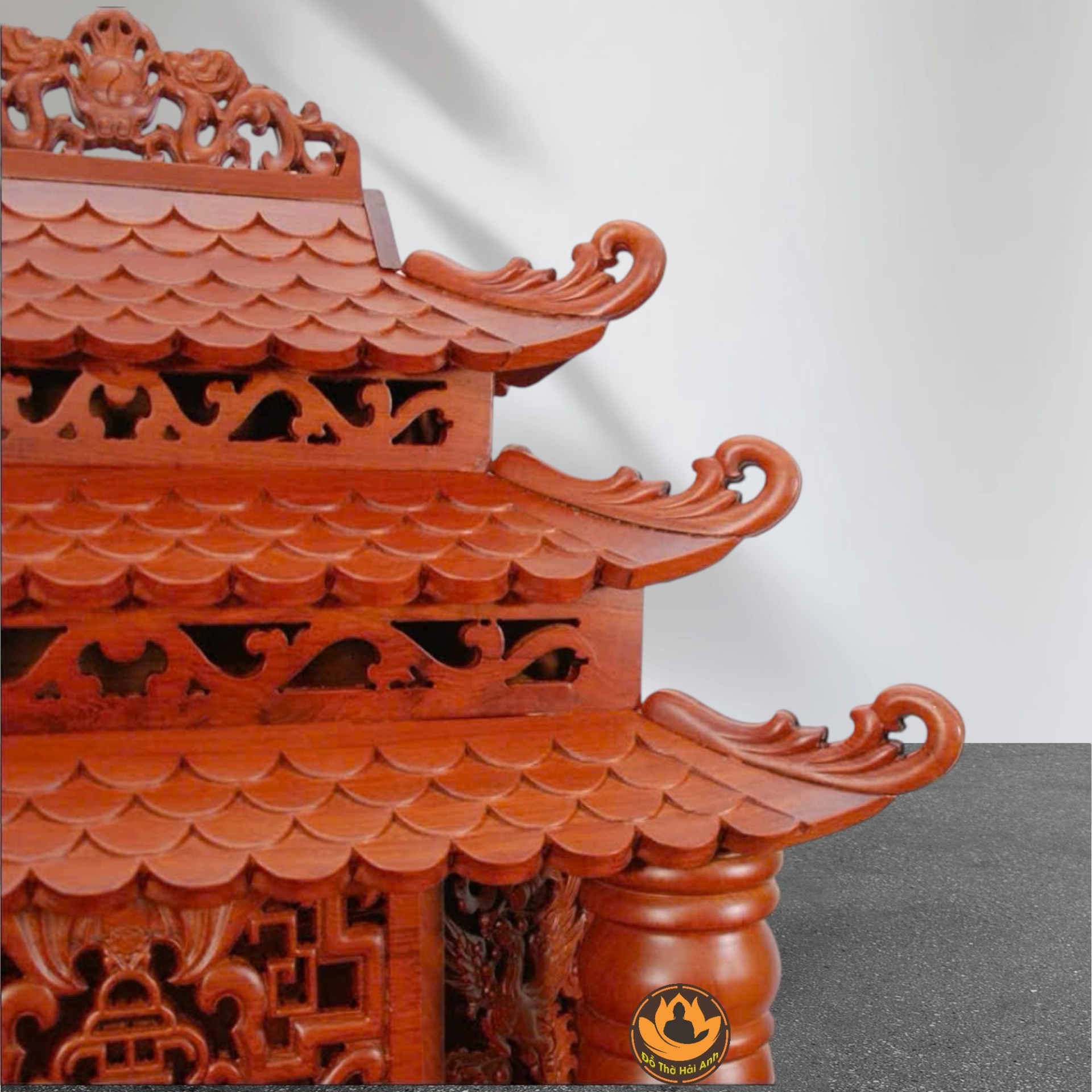 Ban Thờ Thần Tài Thổ Địa Song Long Cổ Tự 12 Mái , Gỗ Hương Màu Cánh Gián
