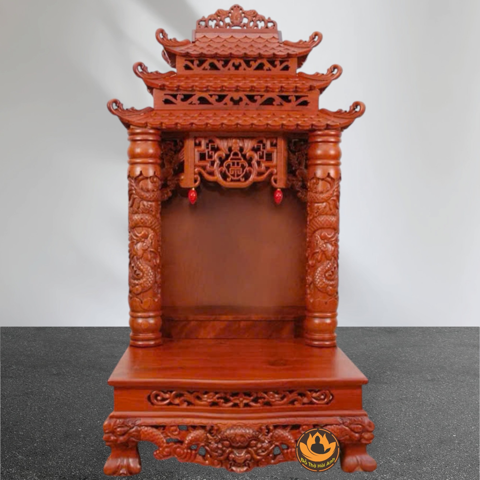 Ban Thờ Thần Tài Thổ Địa Song Long Cổ Tự 12 Mái , Gỗ Hương Màu Cánh Gián