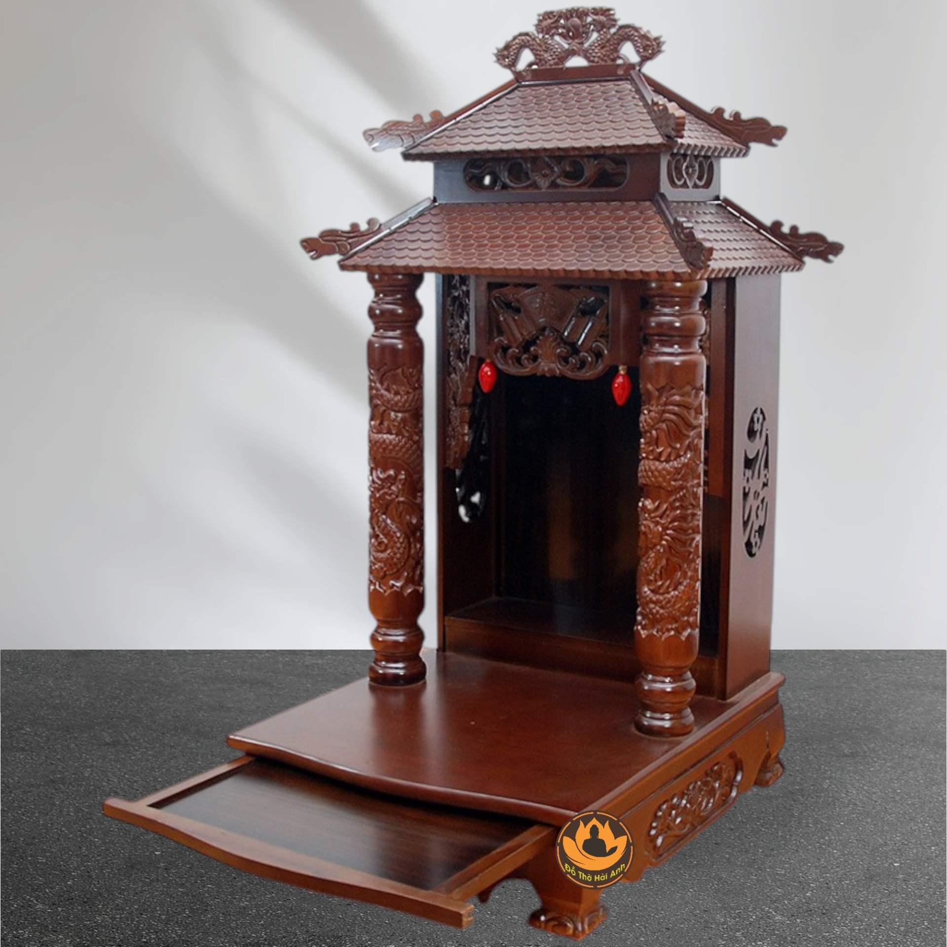 Bàn Thờ Ông Thần Tài Thổ Địa Cổ Tự Song Long 8 Mái , Gỗ Xoan Màu Óc Chó