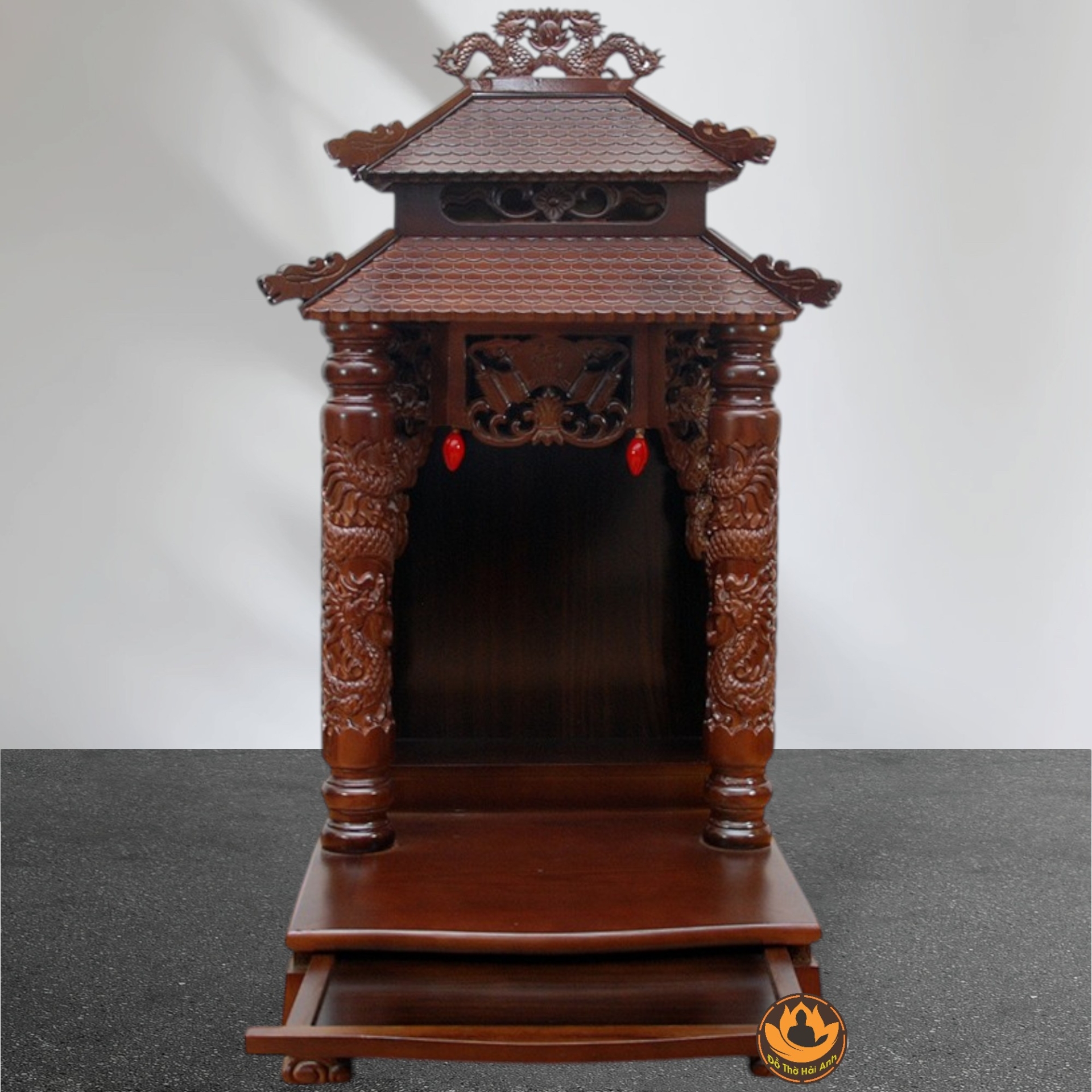 Bàn Thờ Ông Thần Tài Thổ Địa Cổ Tự Song Long 8 Mái , Gỗ Xoan Màu Óc Chó