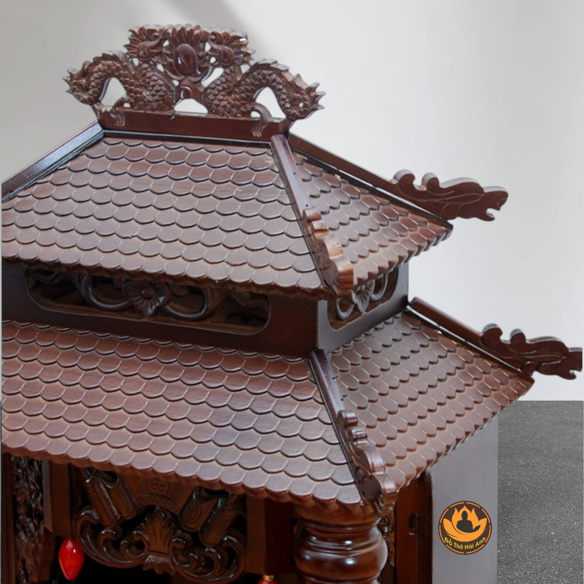 Bàn Thờ Ông Thần Tài Thổ Địa Cổ Tự Song Long 8 Mái , Gỗ Xoan Màu Óc Chó
