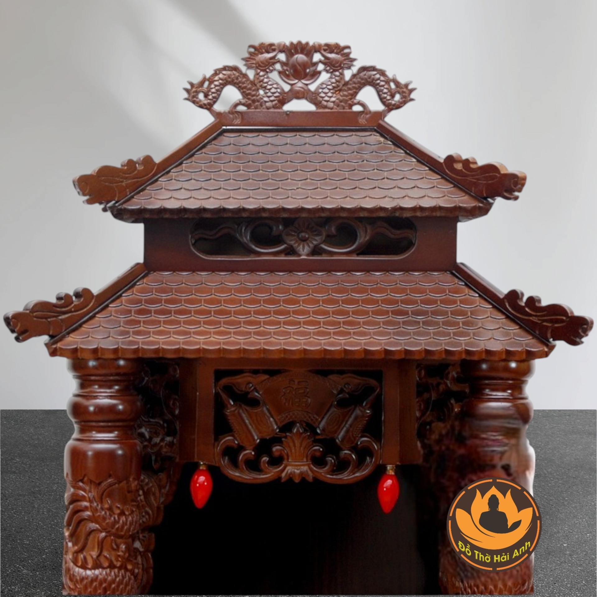 Bàn Thờ Ông Thần Tài Thổ Địa Cổ Tự Song Long 8 Mái , Gỗ Xoan Màu Óc Chó