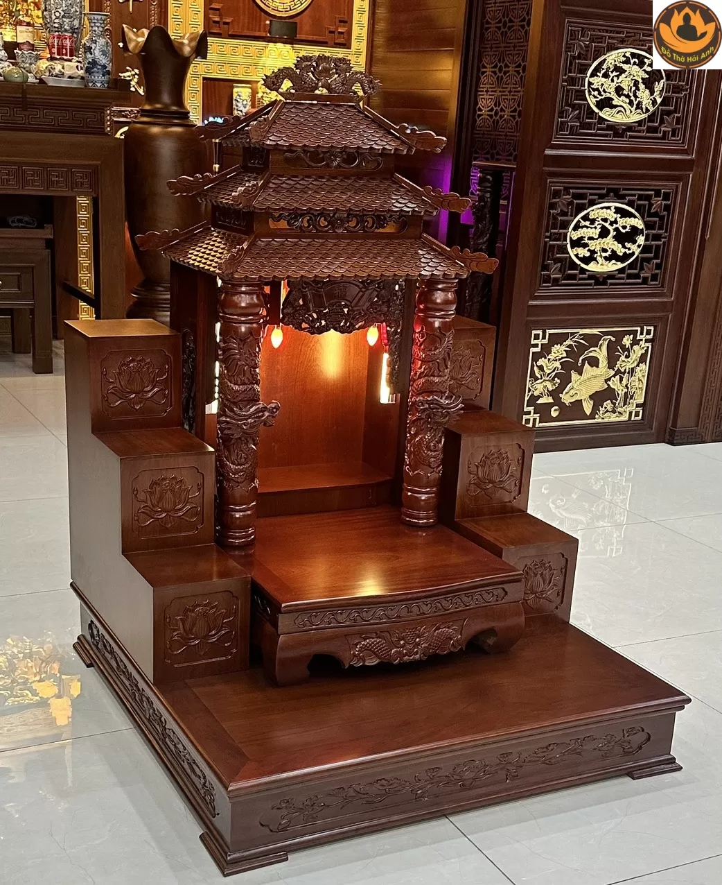 Combo Ban Thờ Thần Tài 12 Mái Cột Rồng Gỗ Lát Màu Cánh Dán
