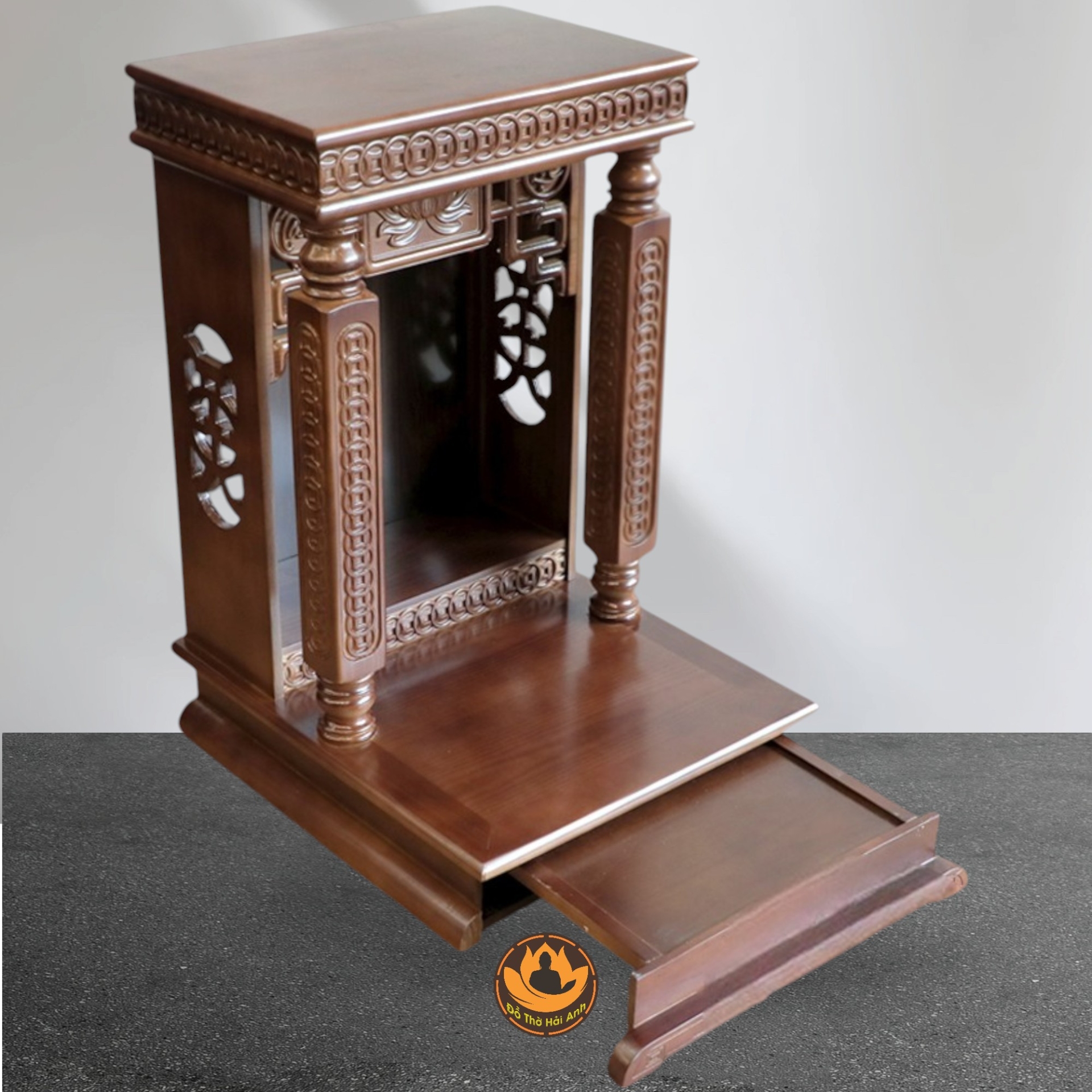 Ban Thờ Thần Tài Thổ Địa Mái Bằng, Trụ Vuông Đồng Tiền Gỗ Xoan