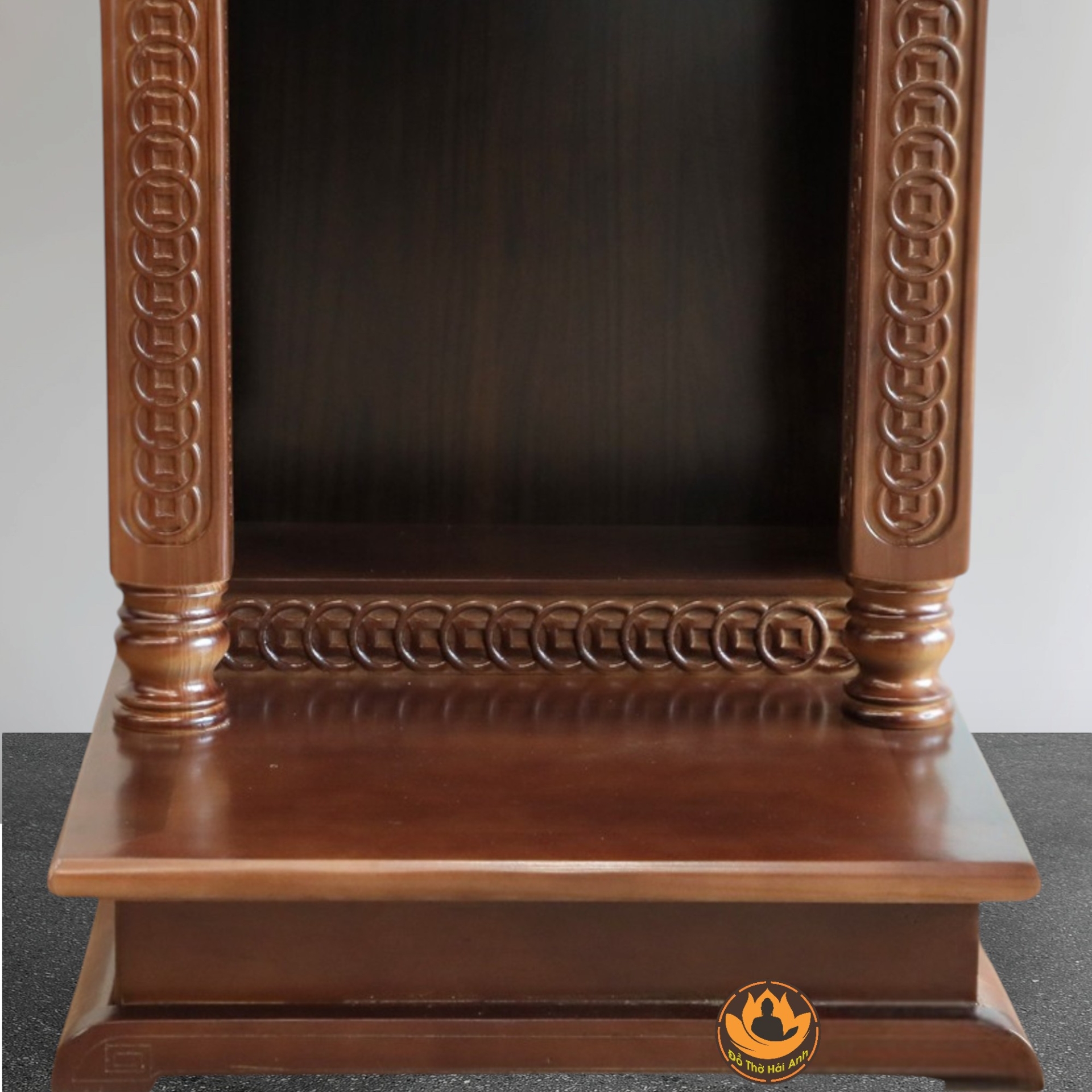 Ban Thờ Thần Tài Thổ Địa Mái Bằng, Trụ Vuông Đồng Tiền Gỗ Xoan
