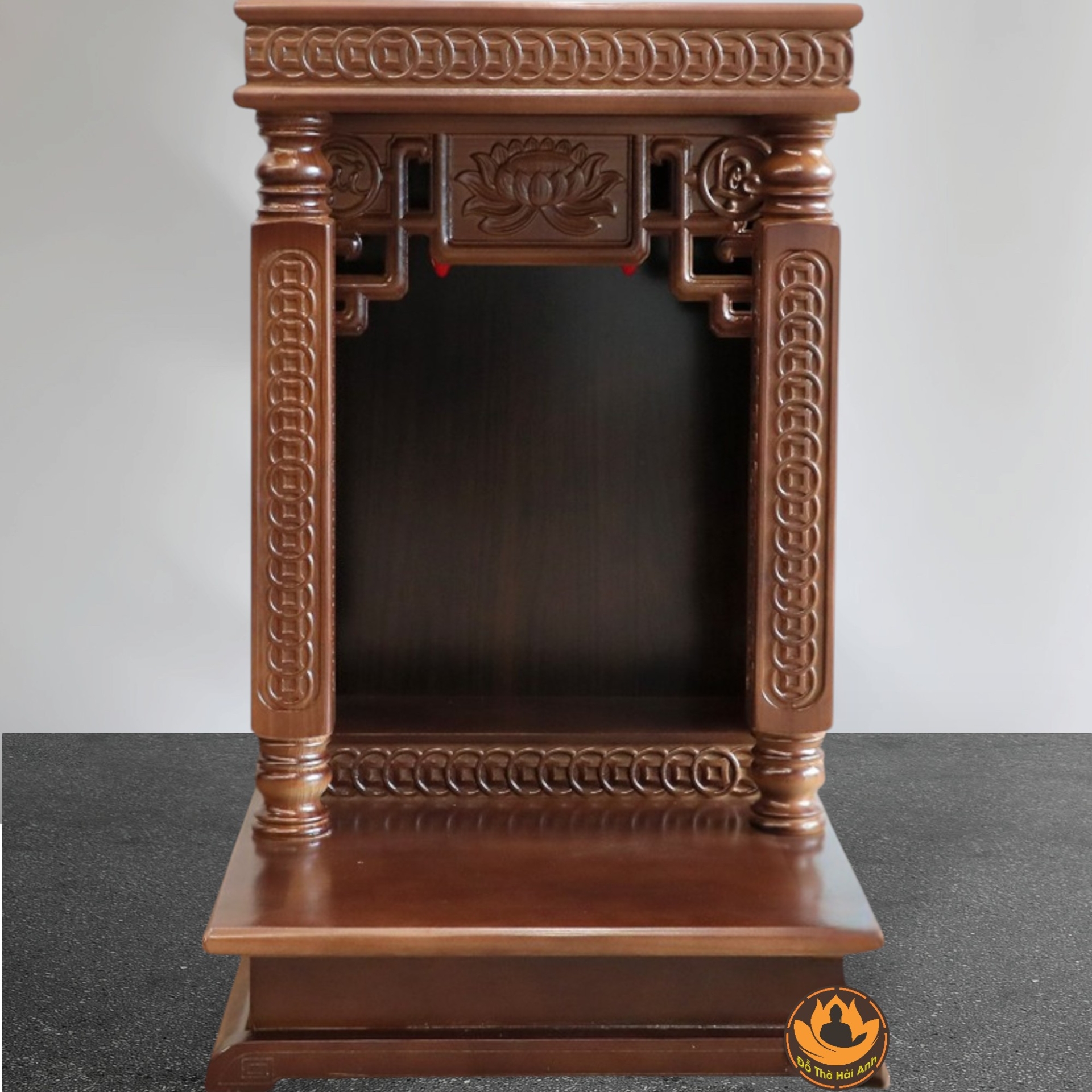 Ban Thờ Thần Tài Thổ Địa Mái Bằng, Trụ Vuông Đồng Tiền Gỗ Xoan