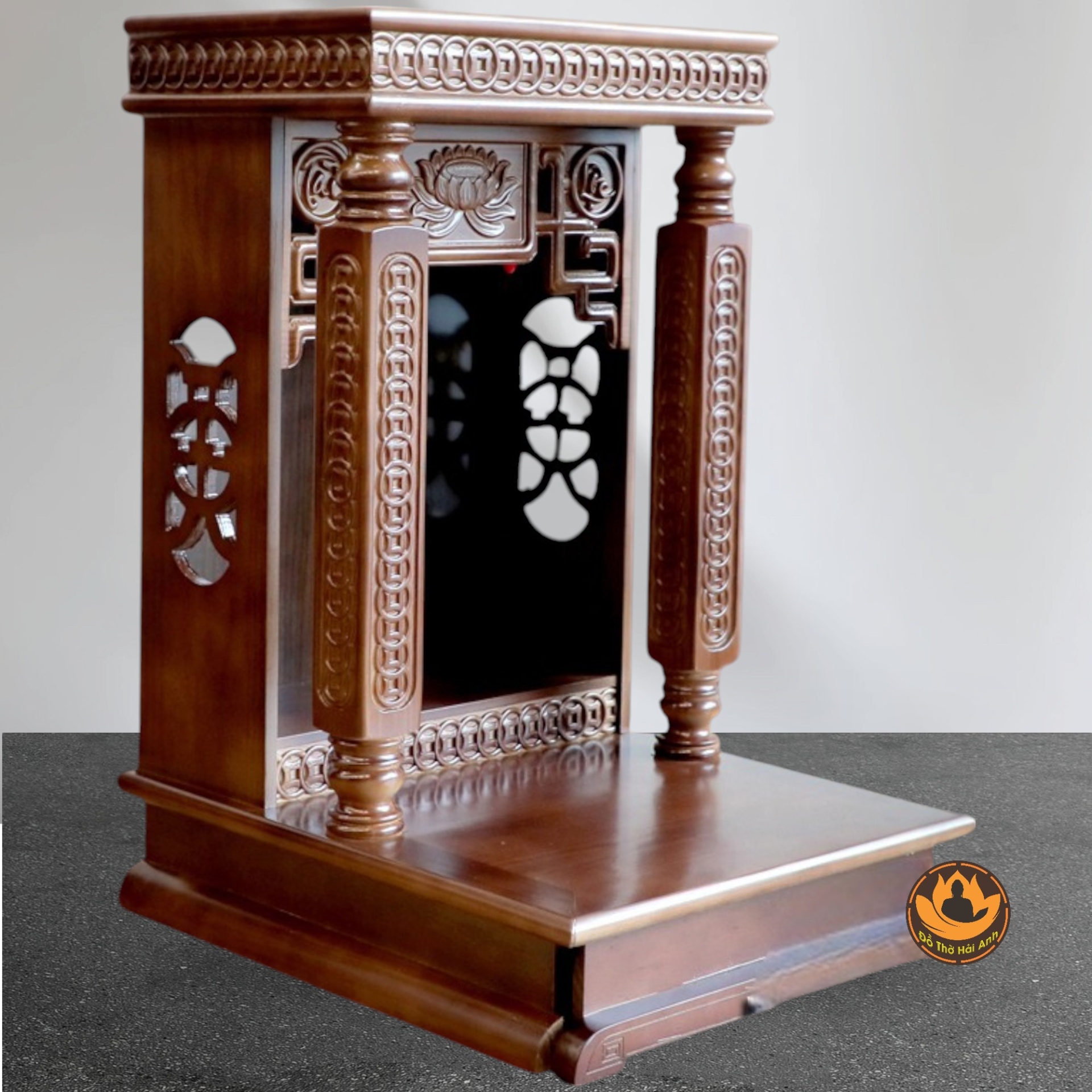 Ban Thờ Thần Tài Thổ Địa Mái Bằng, Trụ Vuông Đồng Tiền Gỗ Xoan