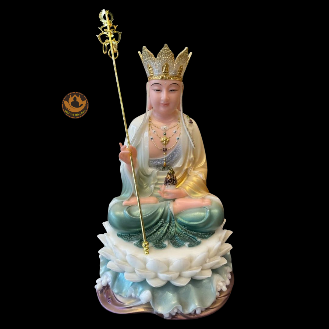 Tượng Địa Tạng Ngồi Đá Sơn Áo Xanh 12''