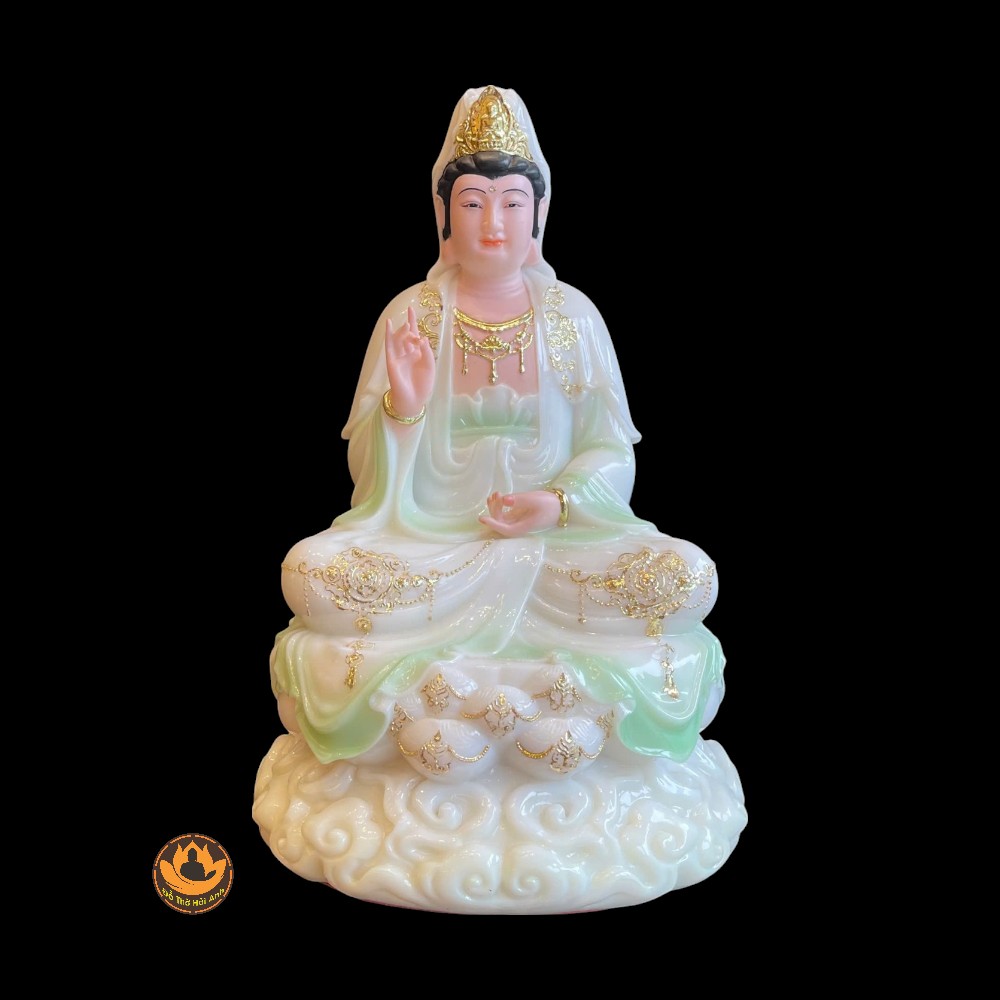Tượng Quan Âm Ngồi Đế Mây Đá Sơn Xanh Viền Hoa 12