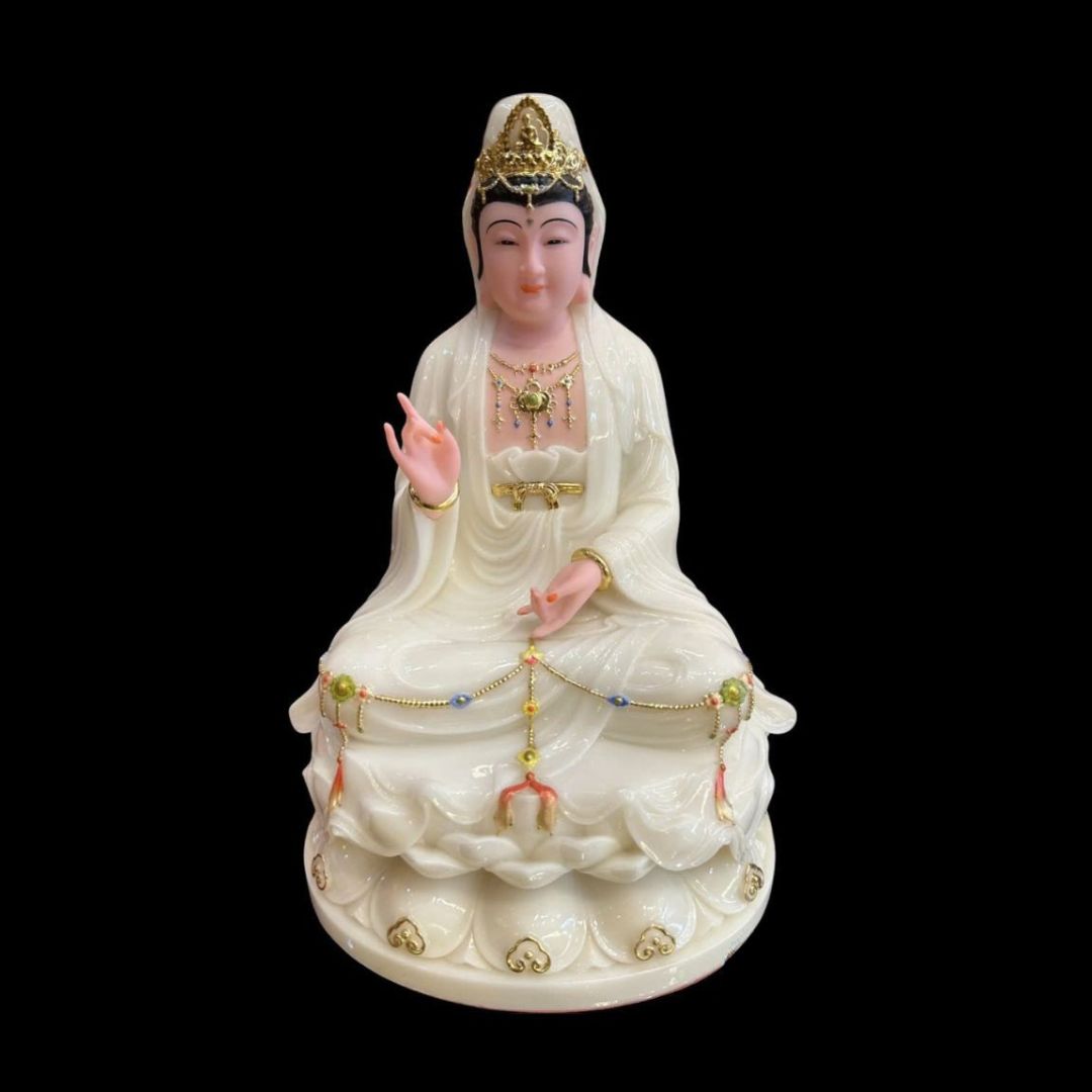 Tượng Quan Âm Ngồi Đế Sen Đá Trắng Viền Tua 12''