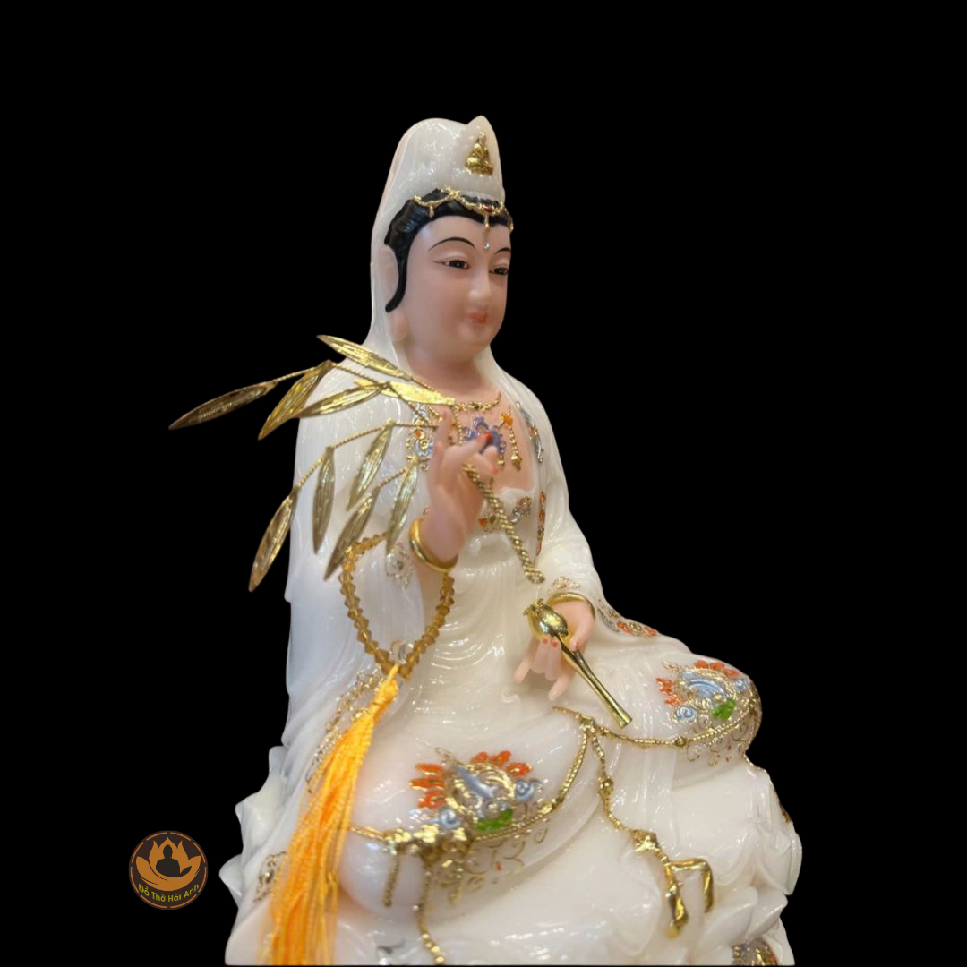 Tượng Quan Âm Ngồi Đế Sen To Đá Hồng Viền Vàng 12''