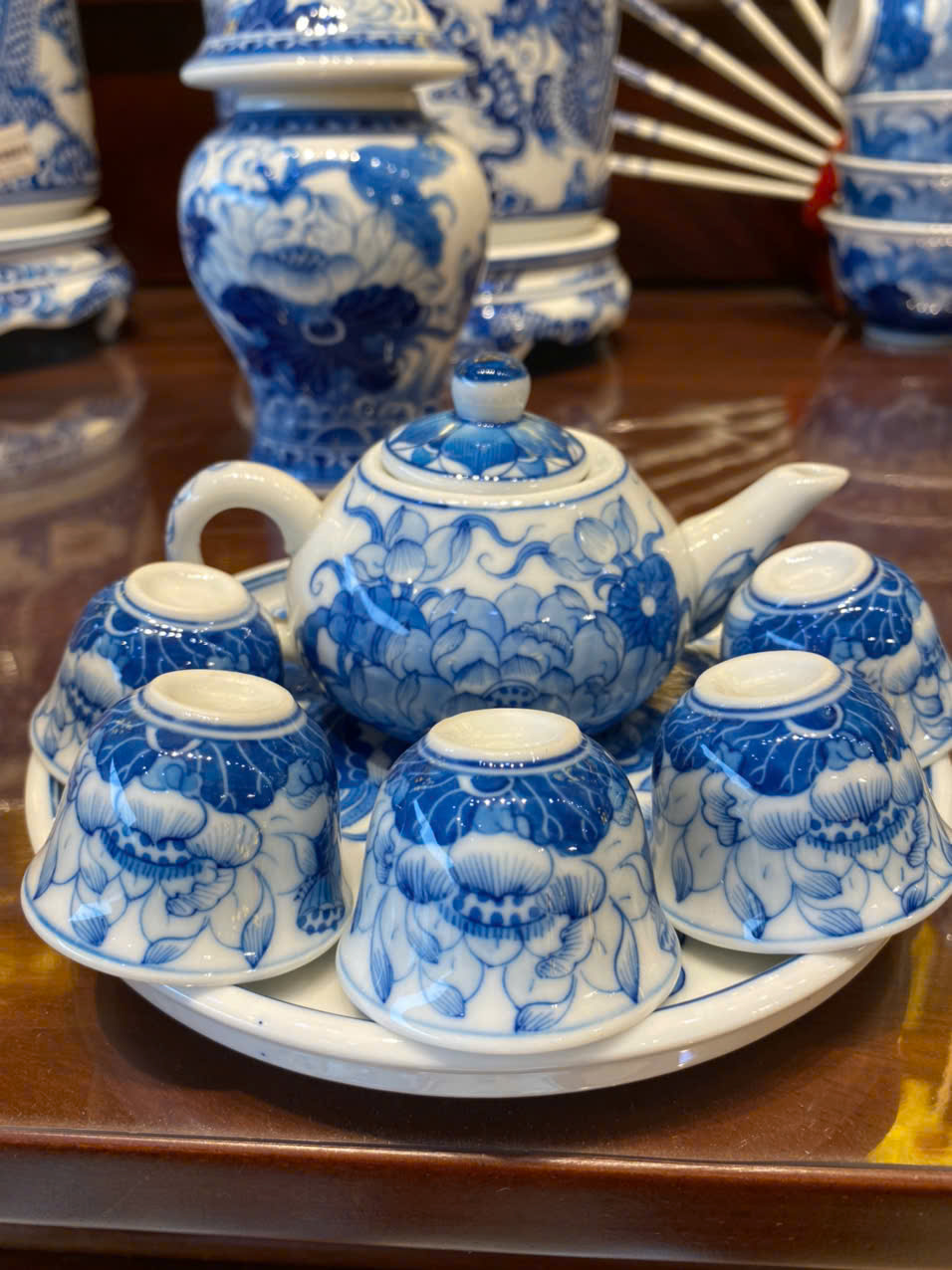 Bộ Dâng Trà Sen Phú Quý Men Lam (Bộ MiNi)