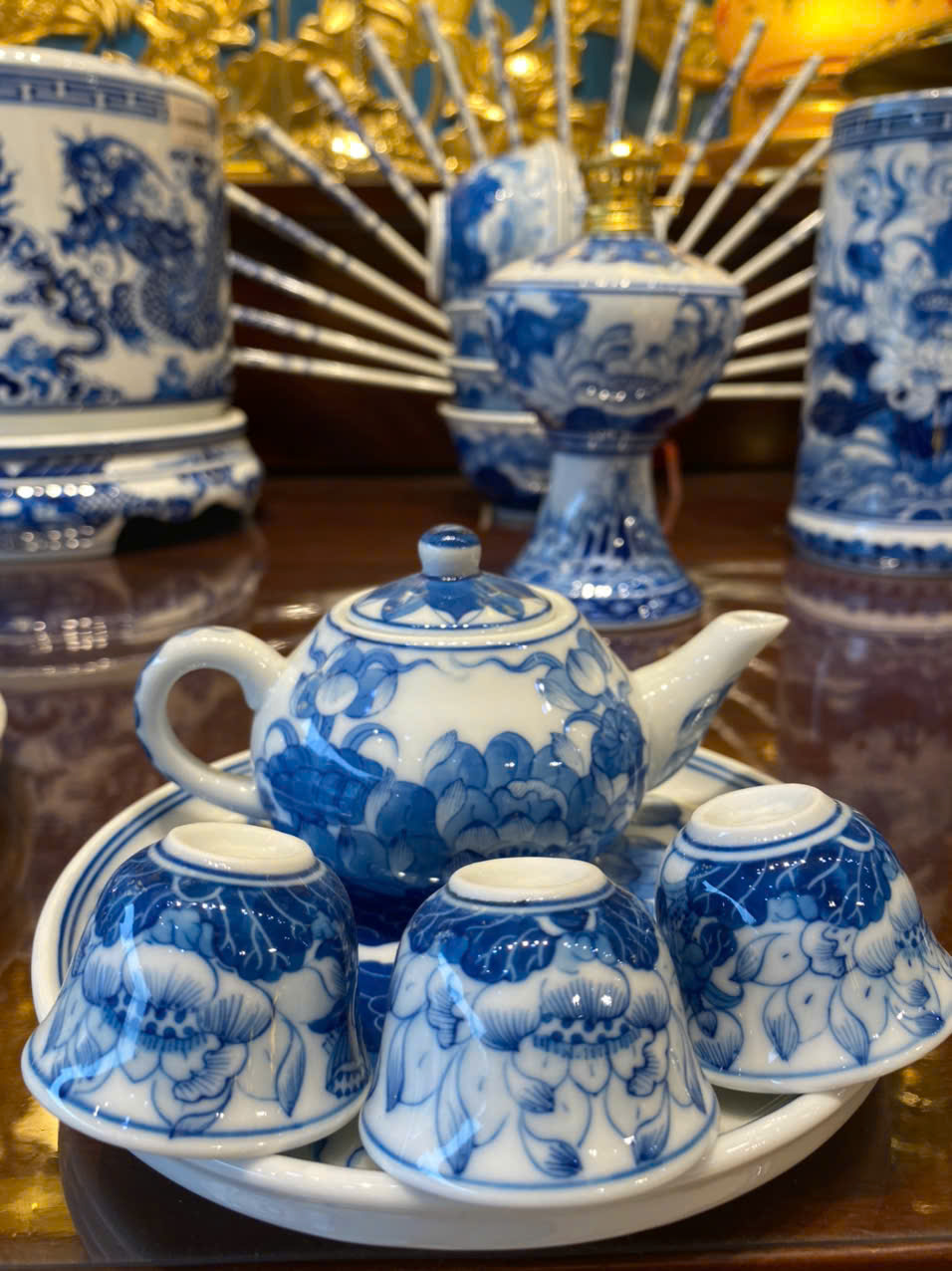 Bộ Dâng Trà Sen Phú Quý Men Lam (Bộ MiNi)