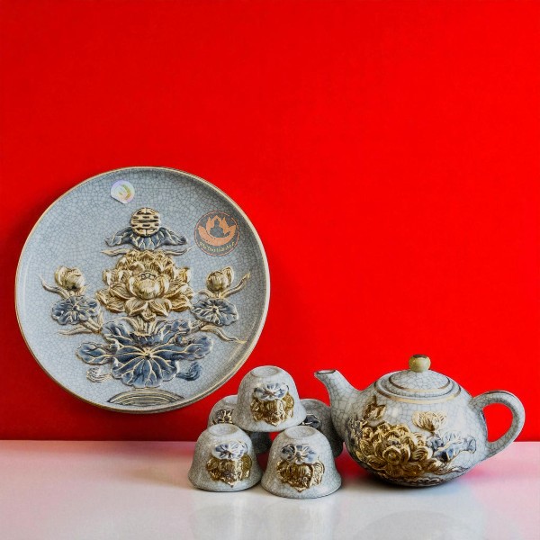 Bộ Dâng Trà Men Rạn Vàng Kim
