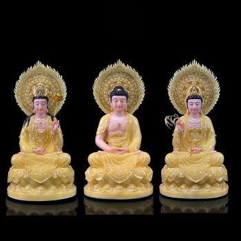 Bộ tượng tây phương tam thánh hào quang thạch anh vàng