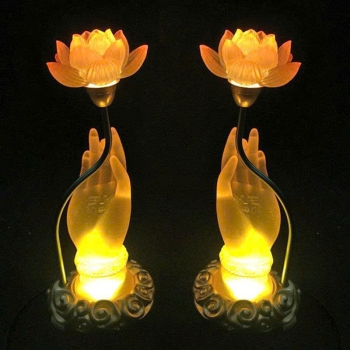 Đèn Bàn Tay Phật Chữ Vạn Sen Lưu Ly Cầm Hoa Đổi Màu – Đèn Phong Thủy Bình An & Trí Tuệ