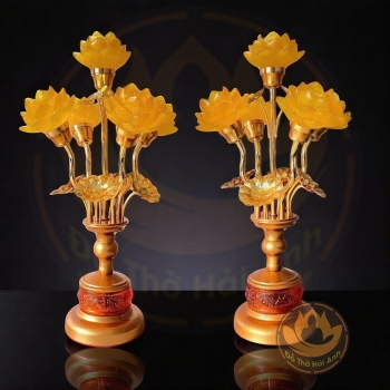 Đèn 5 bông sen lưu ly ( nhỏ ) thân hổ phách