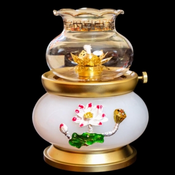 Đèn Dầu Ngọc Viền Đồng Hoa Sen Trắng – Ánh Sáng Thanh Tịnh & Linh Thiêng Cao Cấp